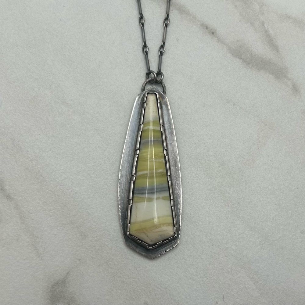 Sterling Silver Necklace With Striped Green Jasper And Tree Cutout Signed